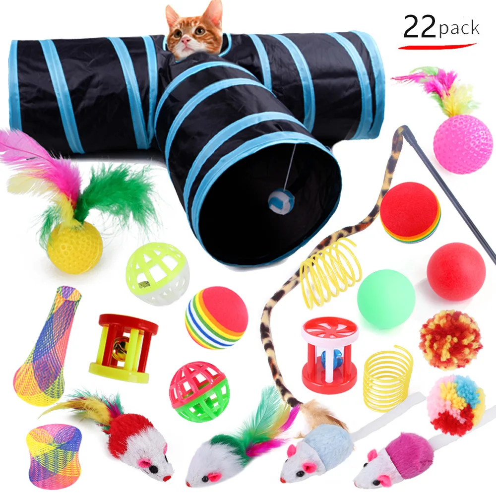 22 Pack Pet Cat Toys Interactive Combination Set Cat Toy Funny Cat Stick Sisal Mouse Bell Ball Tunnel Supplies Kitten Toys