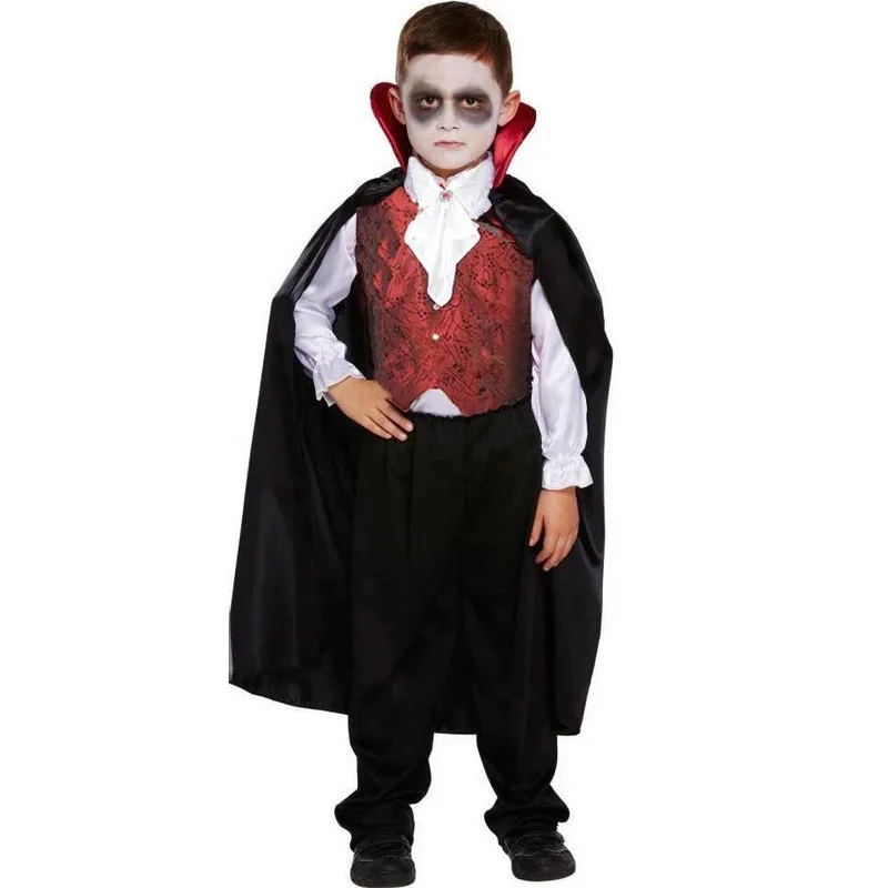 

qq023Детский костюм вампира для женщин и мужчин, граф Дракула, дьявол, призрак, косплей для мальчиков, Пурим, Хэллоуин, вечеринка, фантазия, платье