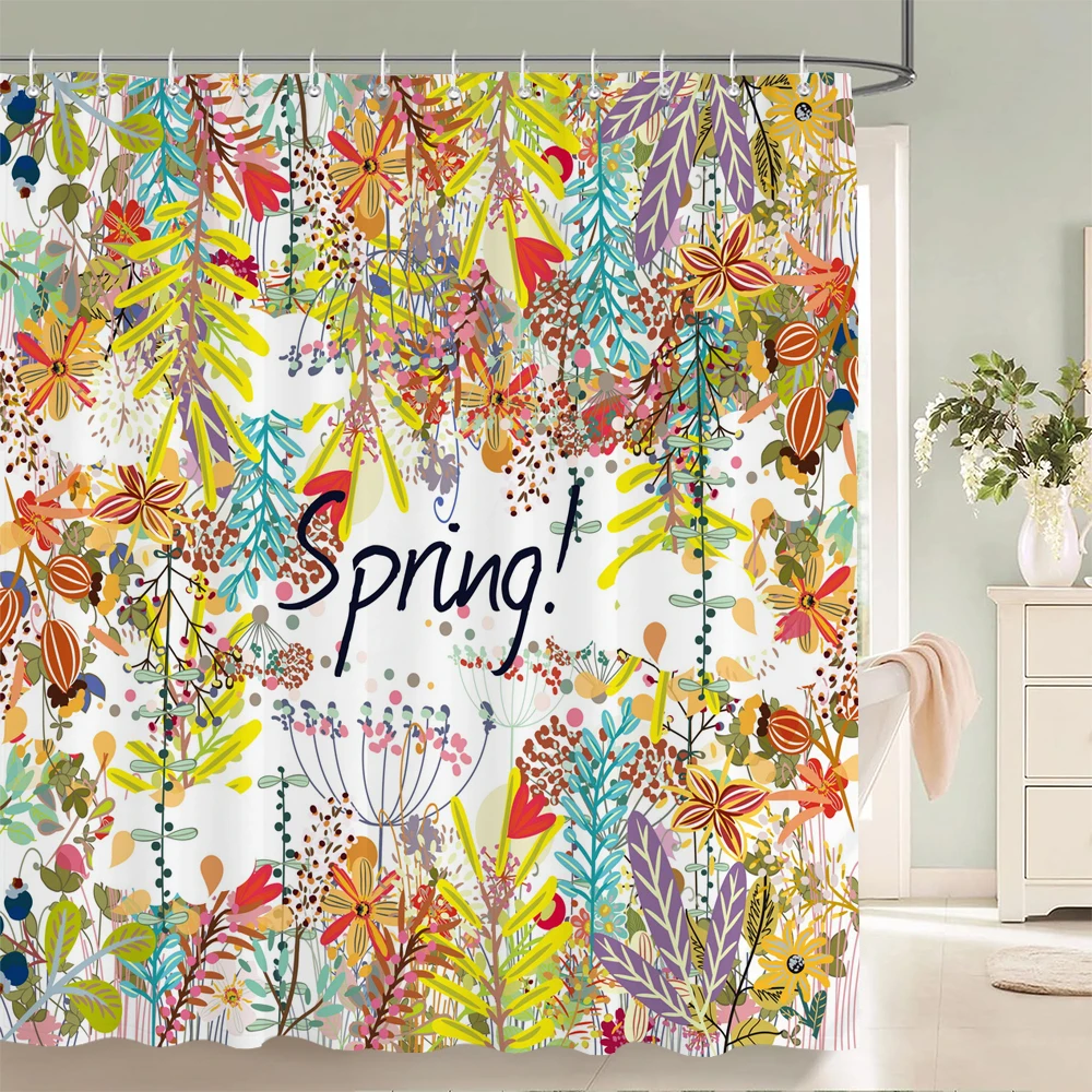 

1 Pc Spring flowers and plants pattern Shower Curtain, Waterproof Fabric Bathroom Curtain Machine Washable for Bathtub Decor