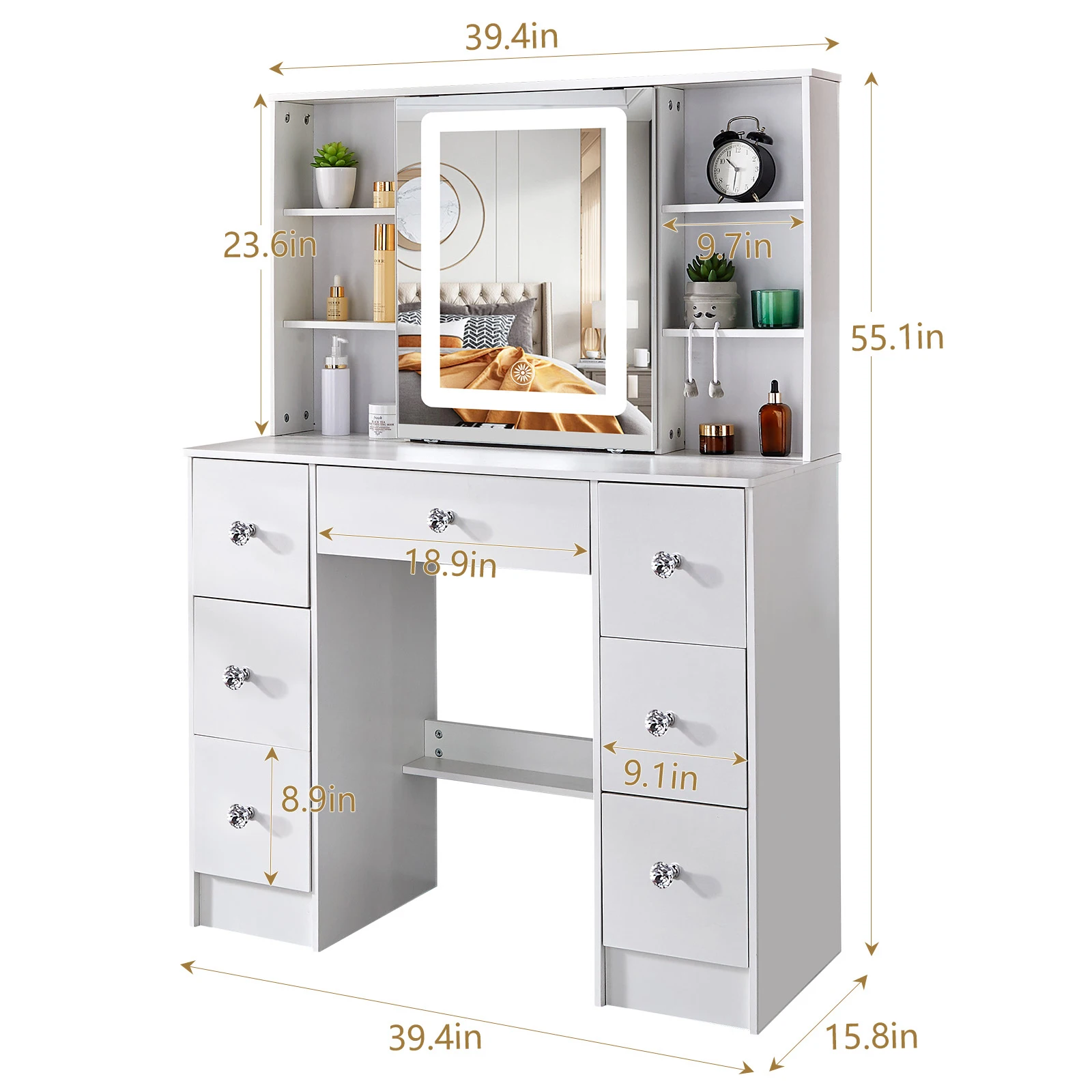 طاولة تزيين فانيتي مع مجموعة طاولة مكياج بمرآة هوليوود LED و7 أدراج #6