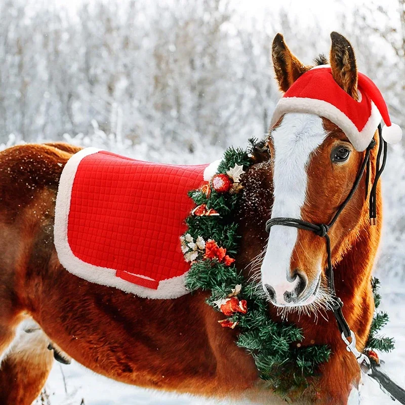 6 Pcs Christmas Santa Leg Wraps Horse Hat Saddle Pad Santa Red Horse Hat & Leg Wraps & Horse Saddle for Christmas Horses Decor