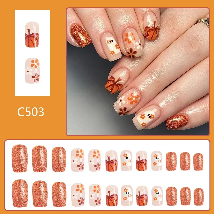 24pcs Halloween Themed Nail Tips-Orange Glossy Square Short Press-On Nails with Cute Pumpkin and Boo Pattern for Women and Girls