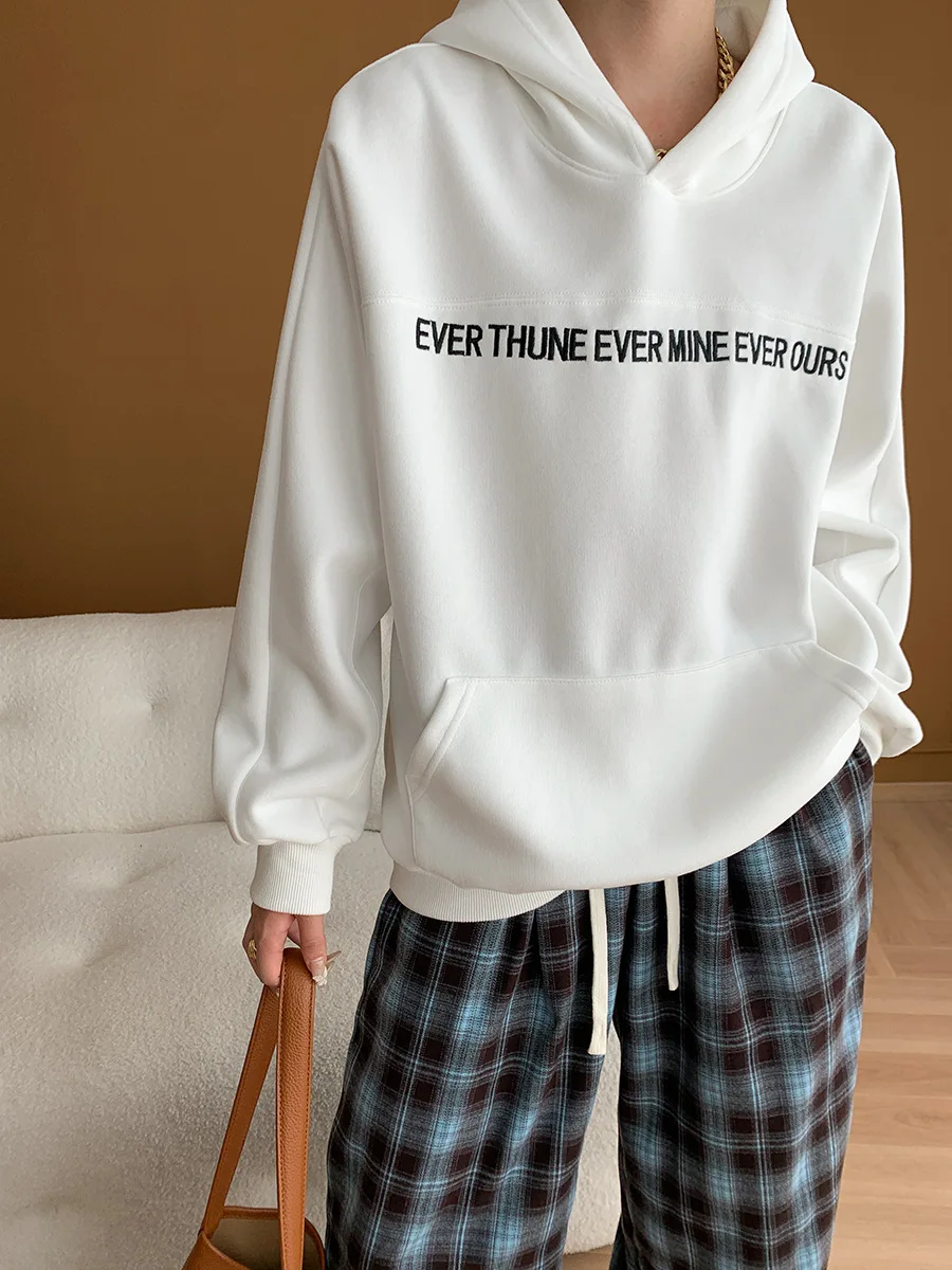 Spring and Autumn Women's Casual Solid Color Letter Embroidered Printed Loose Hooded Sweatshirt