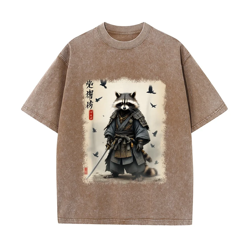 Samurai Raccoon Japanese Warrior & Art Vintage Anime T-Shirt Men Clothes Mens Ropa Y2k Hombre Full Size Short Humor Shirt