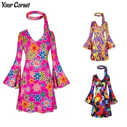 Disco Dress 70s Costume Women Colorful 70s Disco Outfit Plus Size Hippie Dress 70s Fancy Halloween Dress Floral