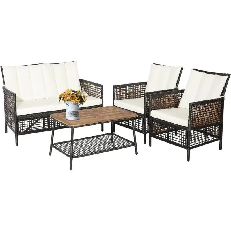 Patio Furniture Set, Outdoor PE Wicker Conversation Set with 2-Tier Coffee Table,  Wood Tabletop & Extra Storage Shelf