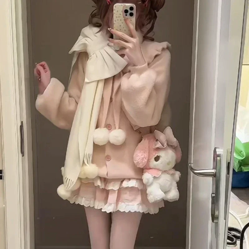 IMU Autumn Winter Vintage Elegant 2 Piece Sets Women Sweet Ruffles Plush Cardigan Cute Lace Mini Skirt Female New Kawaii Y2k Out