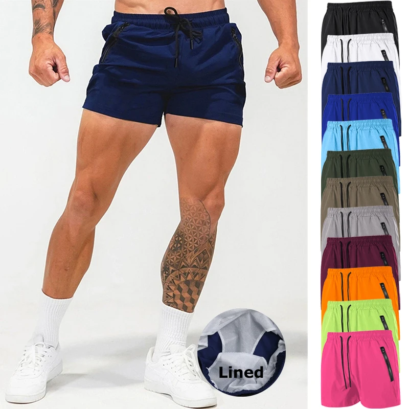 

Men's Gym Workout Running Shorts with Zipper Pockets Mesh Liner Summer Sports Athletic Quick Dry Stretchy Shorts Swim Trunks