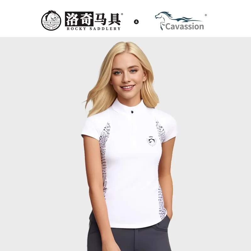 Cavassion-T-shirt blanc à manches courtes, pour compétition de saut d'equestrion, chemise d'équitation