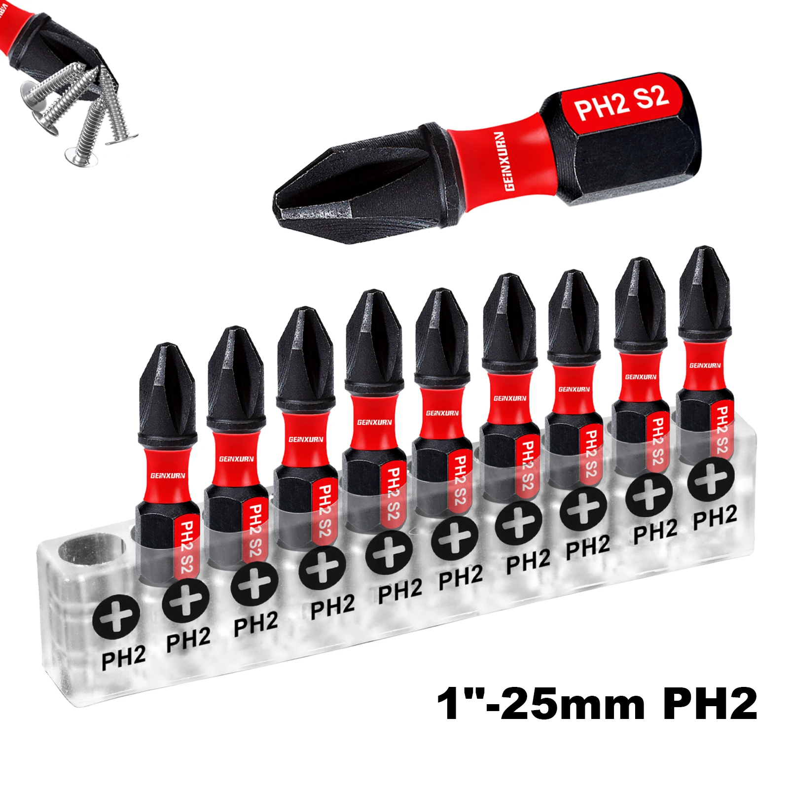Geinxurn 1Inches Impact Magnetic #2 Phillips Screwdriver Bit Set, S2 Alloy Steel Insert Bit Set