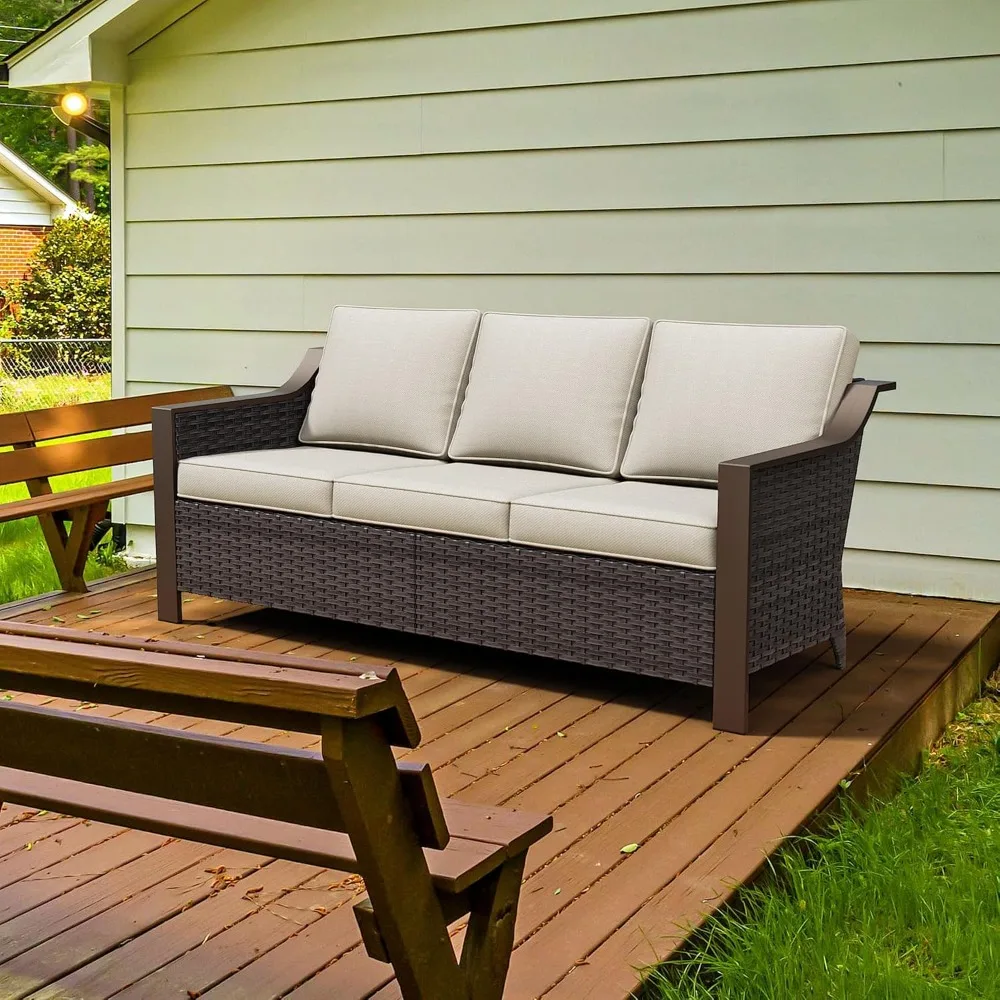 

75" Patio Metal Wicker Sofa, 3-seat Deep Seat & Upholstered Couch, Outdoor All-Weather Rattan Loveseat with Washable Cushions