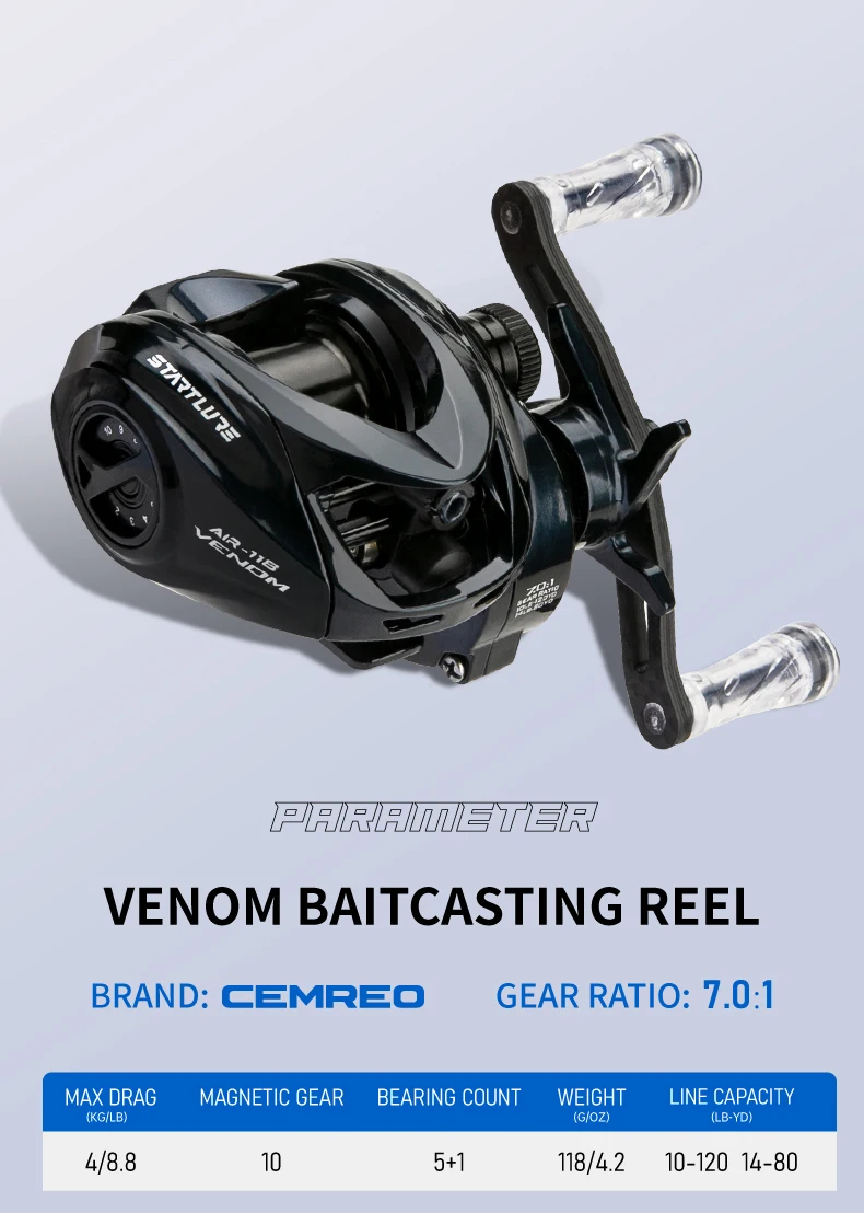 Leichte Baitcasting-Angelrolle mit flachem Spulenbett, kleinem Gehäuse, Carbonfaser-Rahmen, 7,0:1 Übersetzungsverhältnis, 4 kg Bremskraft, Modell: VENOM – Detail 11