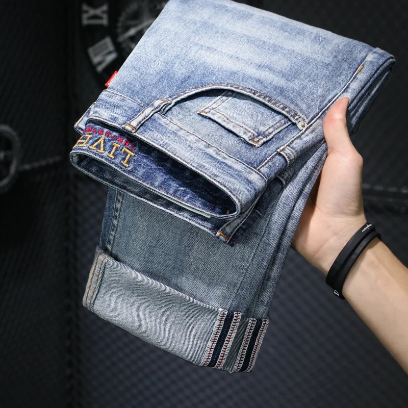 2024 New Blue Color Printed Jeans Men's Retro Nostalgic Washed Street Fashion High-End Slim Fit Light Straight-Leg Trousers