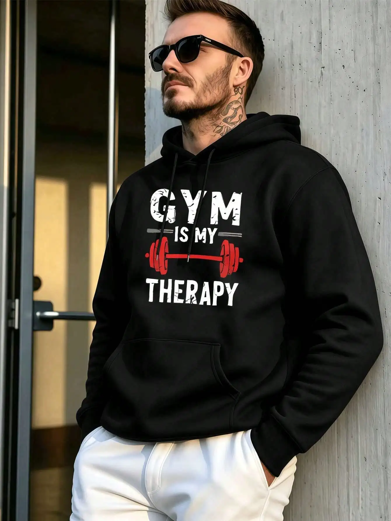 Mens Casual Pullover Hoodie, Gym Is My Therapy Distressed Barbell Fitness Slogan Graphic Print Hooded Sweatshirt, Loose Fit Long Sleeve Hoody With Pocket For Workout Gym Enthusiast Street Daily Wear