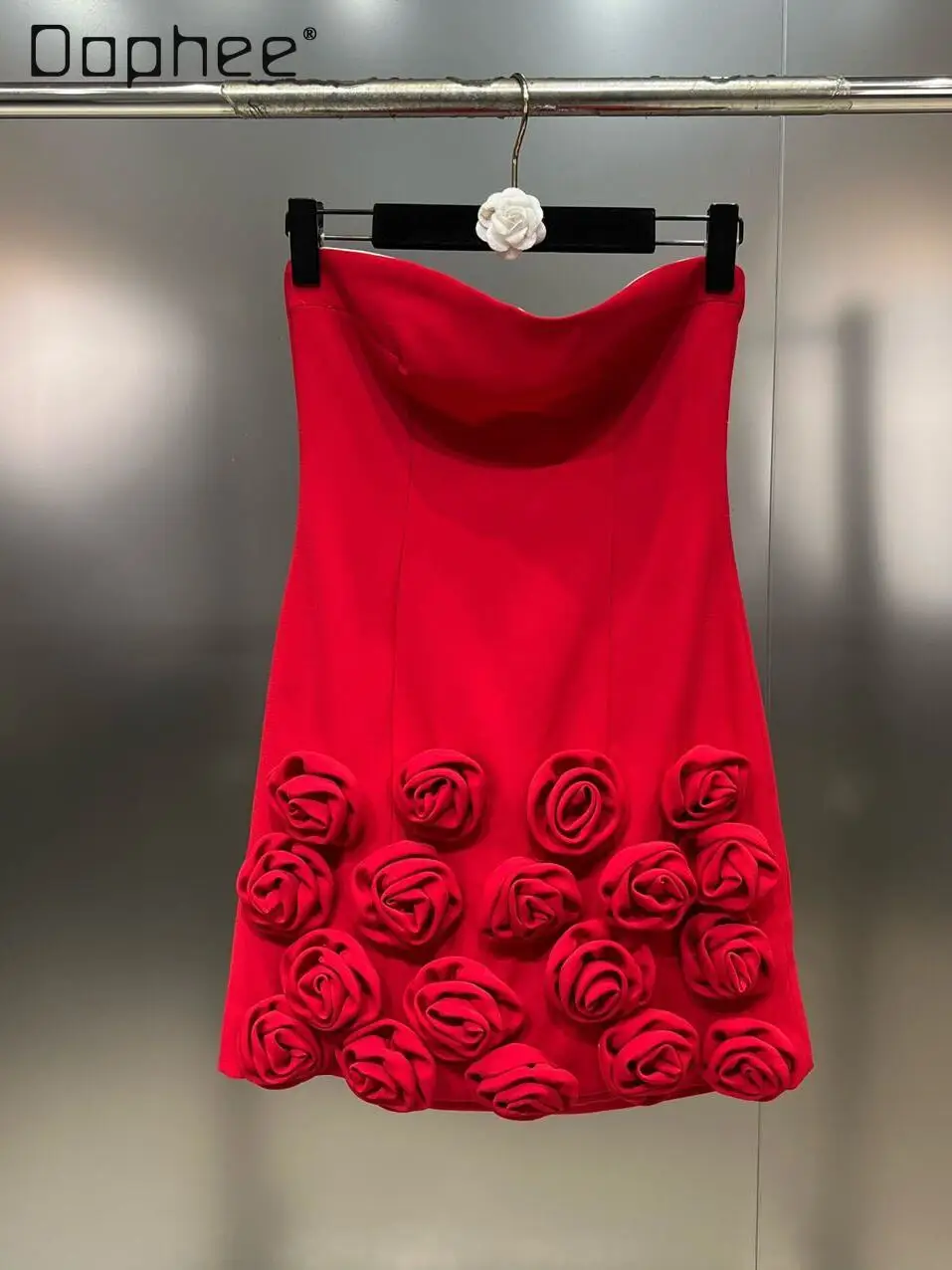 

Multi-Layer Rose Flower Red Mini Dress Vestidos 2024 Spring Temperament Waist-Controlled Strapless Dress Tide Dresses for Women