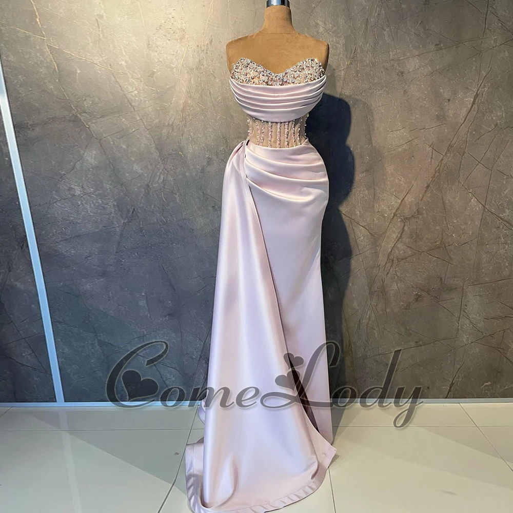 

Comelody Attractive Mermaid Evening Dresses for Women Satin Rhinestones Strapless High Slit Sweep Train Ruched Zipper Customised