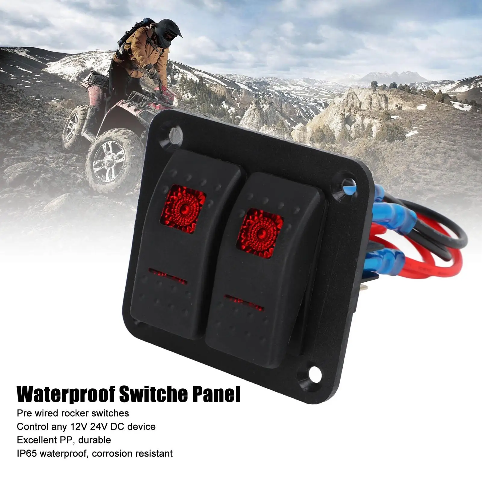 12V 24V Waterproof 2 Gang Rocker Switch Panel with Red, Pre-Wired, Corrosion Resistant, 20A 10A for atvs