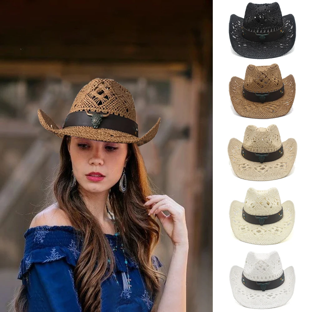 Men Women Straw Western Cowboy Hats Wide Brim Sunhat Summer Caps Sombrero Travel Sunbonnet Street Style Beach Size US 7 1/4 UK L