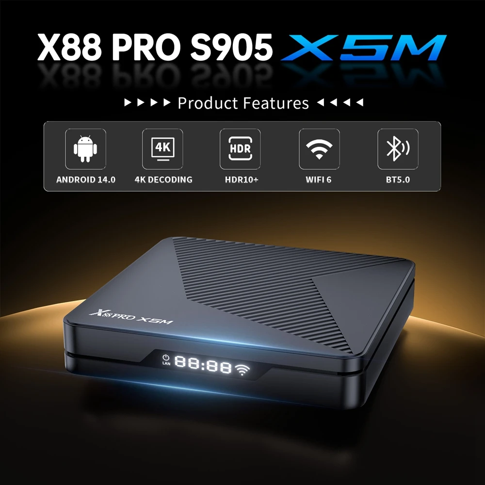 TV BOX X88 PRO X5M Android 14 Amlogic S905X5M رباعي النواة 4K LAN 1000M Dual Wifi6 BT 5.0 صوت مشغل الوسائط عن بعد فك التشفير
