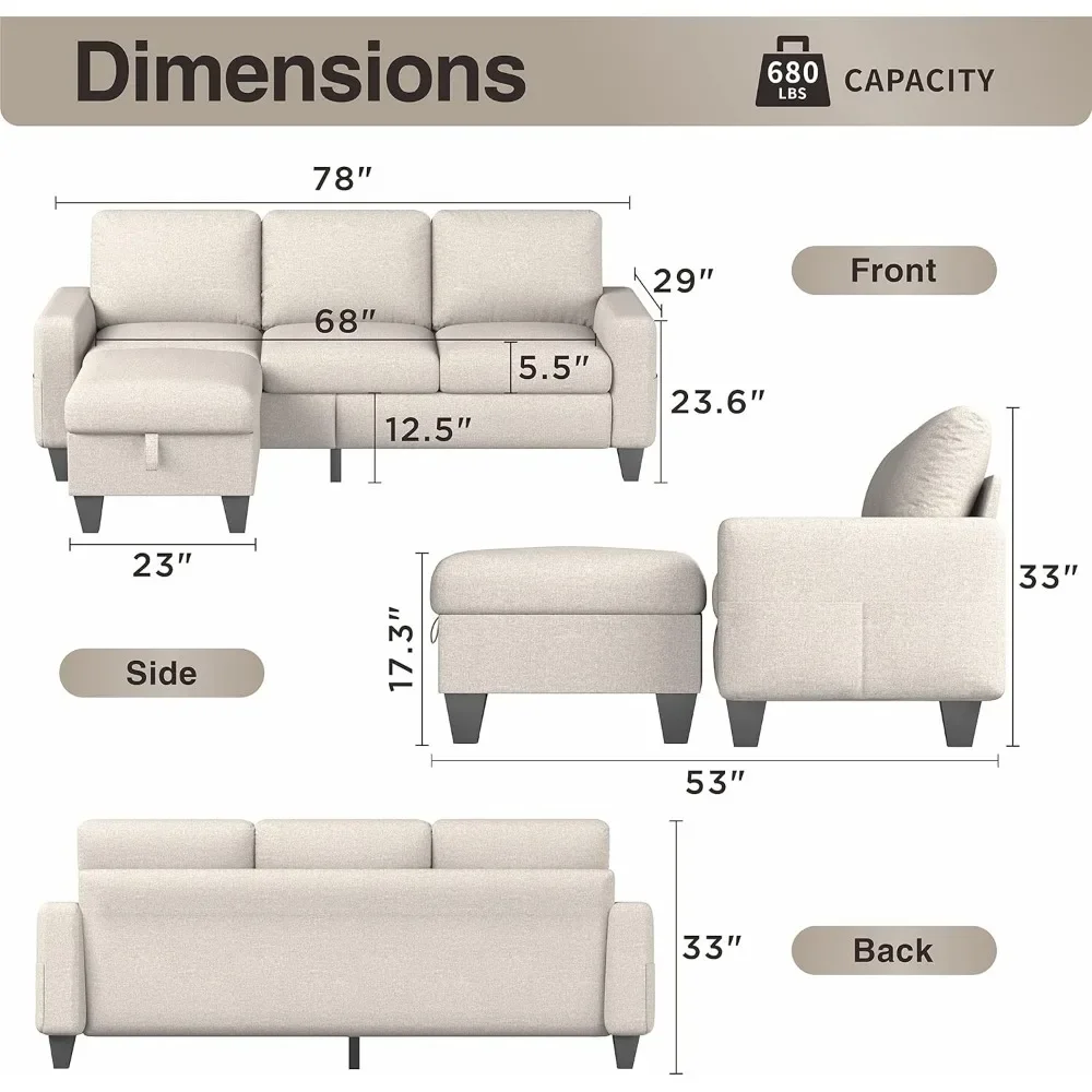 Coast Sectional Sofa Couch L-Shaped Sofa Modern Linen Fabric 3-Seat Couch With Convertible Storage Ottoman Beige Living Room|