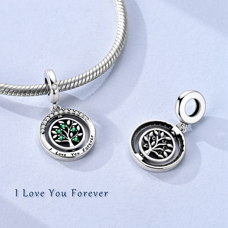 925 Sterling Silver Rotatable Tree Of Life Dangle Charm Bead Spinning Dual‑Ring Fit DIY Bracelet Jewelry Family Love Gift