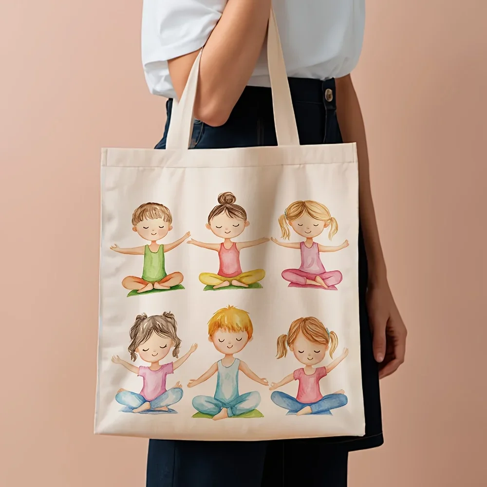 1pc Yoga Kids Yoga Pose Tote Bag - Cute Yoga Themed Yoga Positions Canvas Reusable Grocery & School Bag for, Perfect Birthday Gi