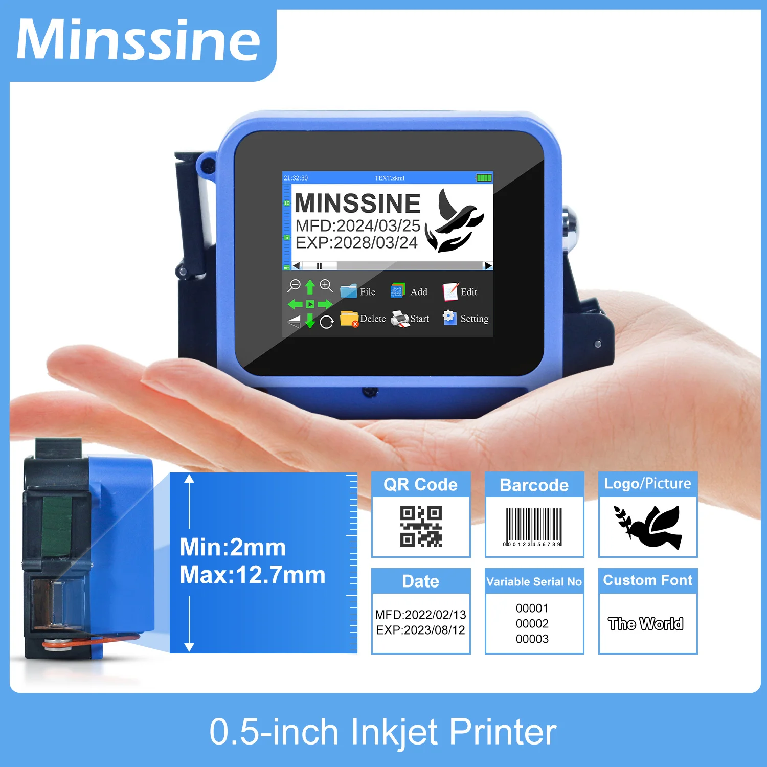 휴대용 미니 핸드헬드 잉크젯 프린터, QR 바코드 배치 날짜 번호 로고 만료 날짜 코딩 기계, 28 개 언어, 12.7mm 