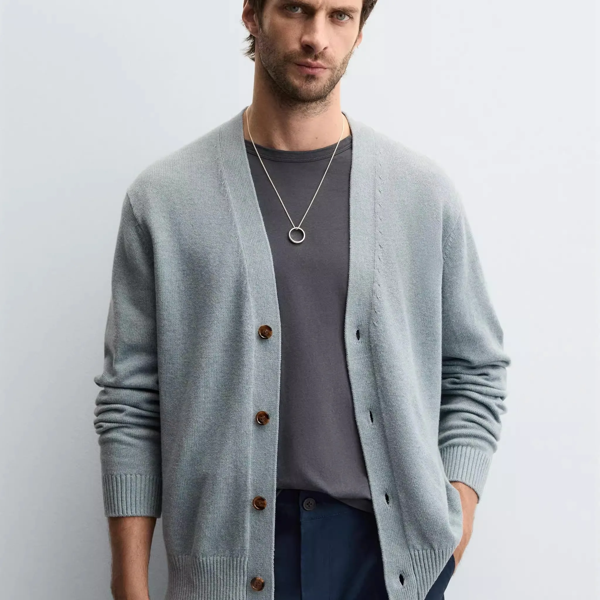 

New Autumn Men's Slim Fit Long Sve Knitted Sweater Open Cardigan 242306 Casual Sle V-Ne Breathable Comfortable
