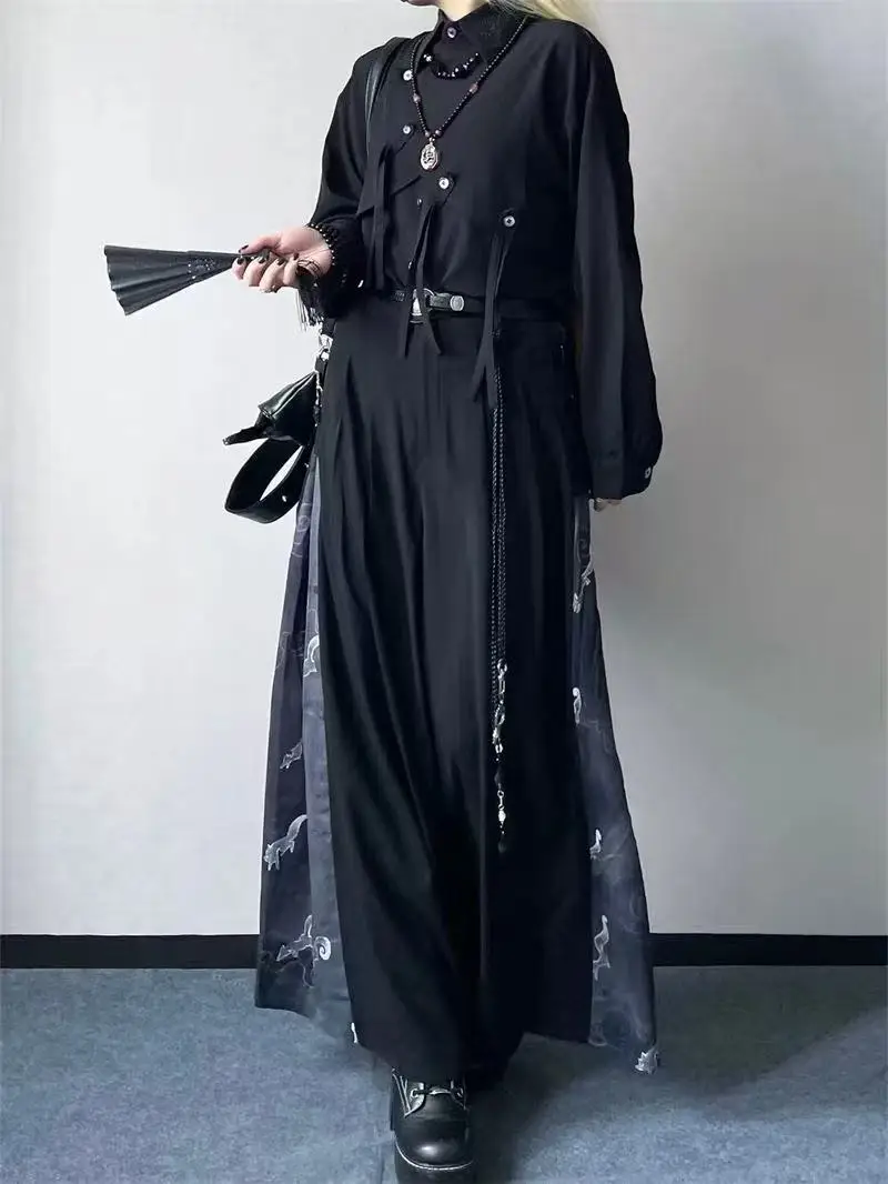 

Оригинальный нишевый темно-черный костюм для мужчин и женщин, новая рубашка в китайском стиле, брюки, модный крутой костюм для косплея Bisex, уличный большой костюм