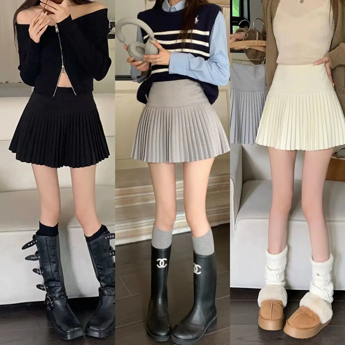 Autumn 2024 New Simplicity Pleated Solid Color High Waist Pleated Skirt Women Clothing All-match Sweet Thick Skirts Women's