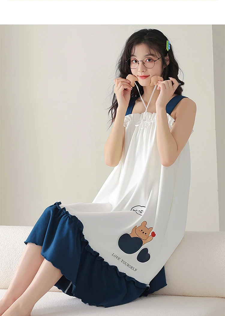 2025 Summer Cotton Cute Cartoon Bear Print Sweet Ruffles Suspender Pajamas Girl New Sexy Square Collar Comfortable Loungewear