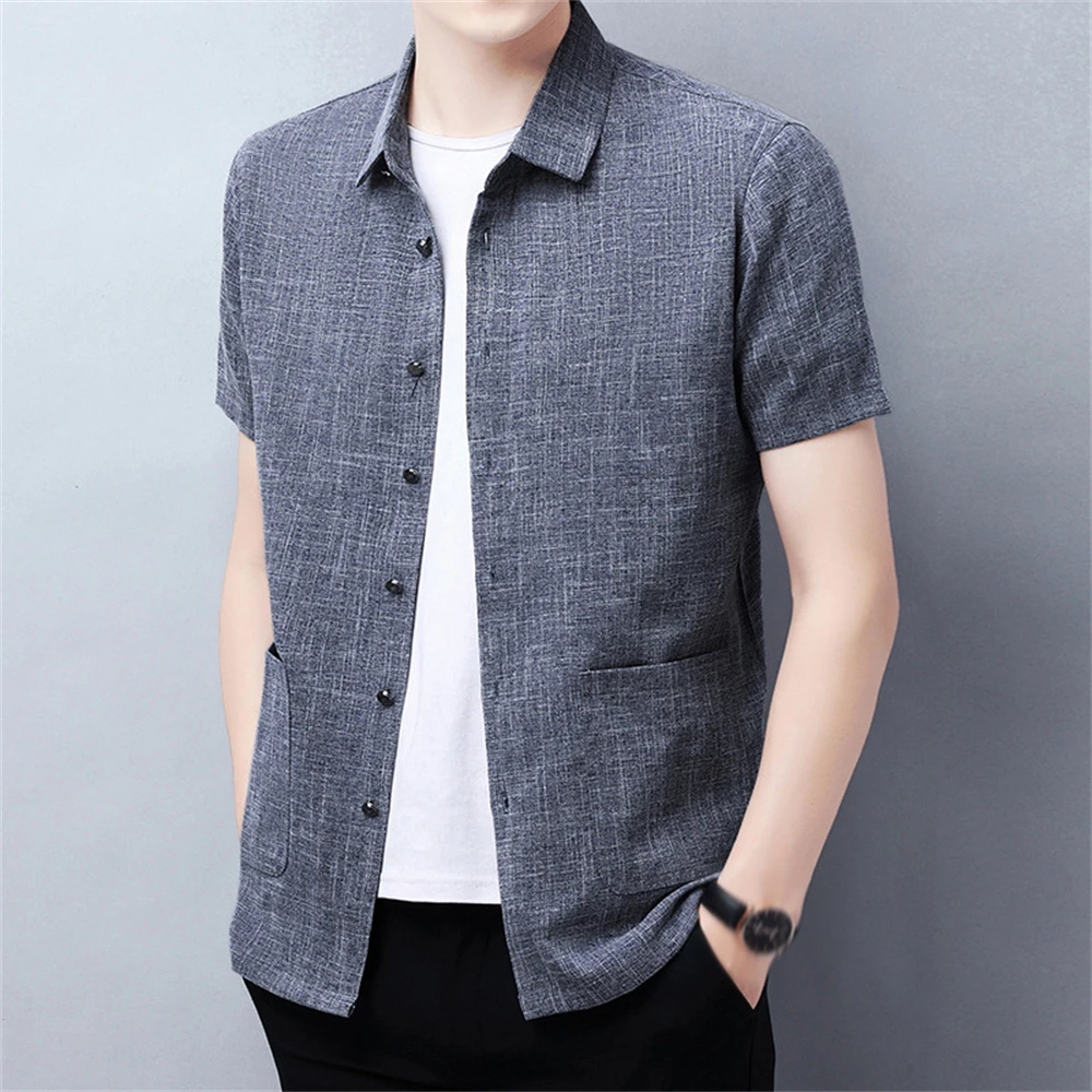 Chemise à Manches Courtes en Coton et Lin pour Homme, Cardigan Décontracté, Simple Boutonnage, Poches Respirantes, Été