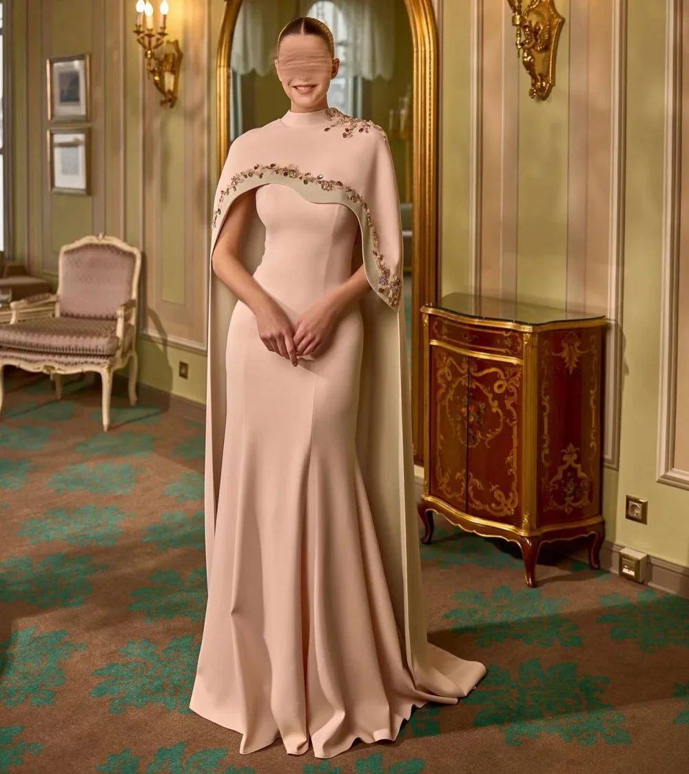 

Индивидуальное классическое вечернее платье с блестками, высоким воротником, длинной накидкой, фасон «труба», высококачественное платье для свадебных торжеств