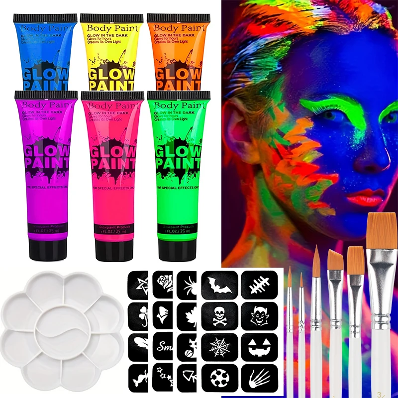 6PCS 25ml Fluorescent Paint Glow In The Dark Light Body Paint Face Painting for Party Halloween Event Makeup Club Makeup Xmas Gl