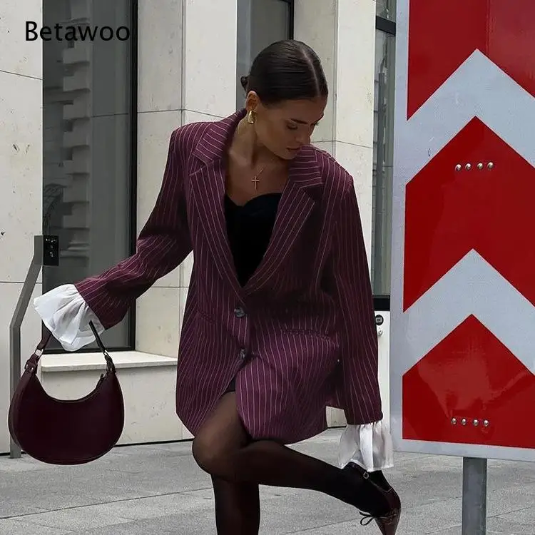 Dark Purple White Pinstripe Blazer Notched Lapel Two Button Contrast Sheer Flare Cuff Long Sleeve Suit Jacket
