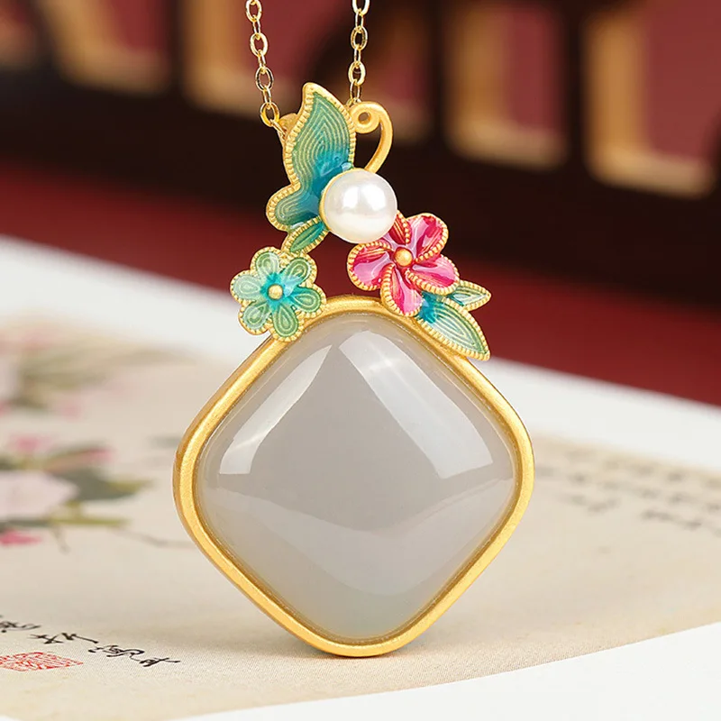 Ancient gold craft inlay court style geometric natural Hetian smoke purple jade necklaces enamel flower pendant jewelry