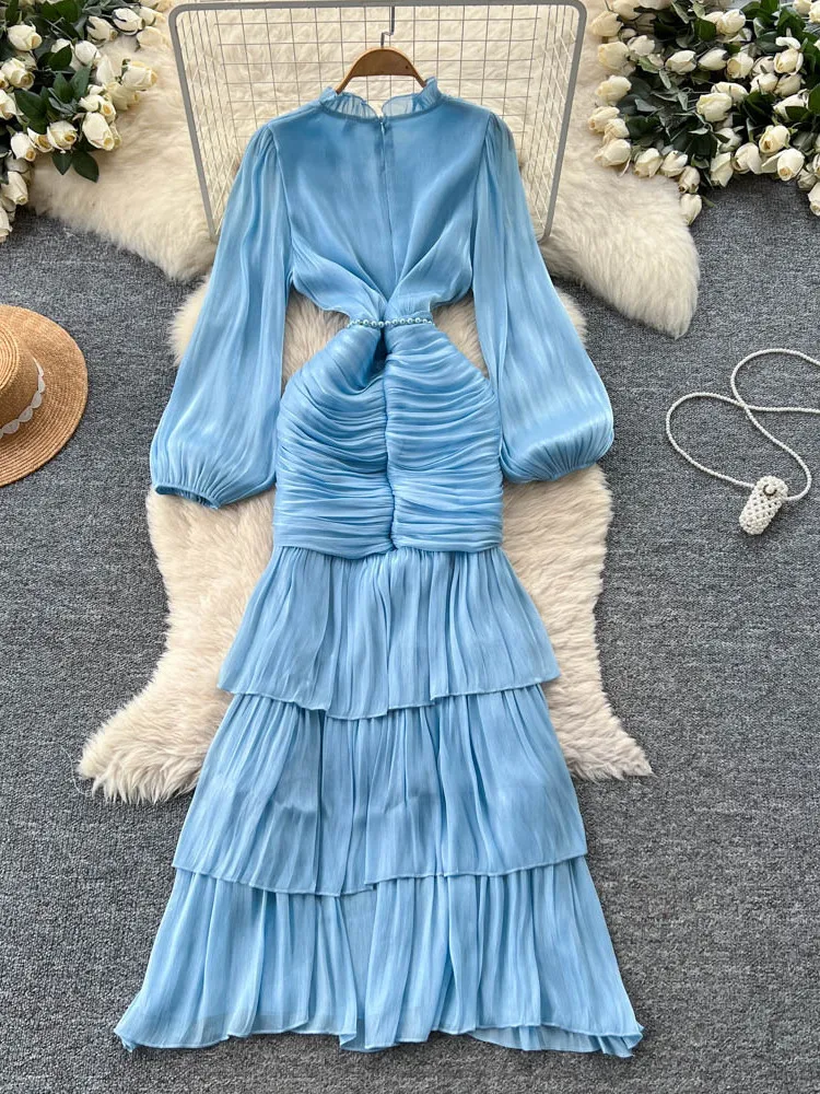 Długa satynowa sukienka damska z falbanami, podkreślająca talię, do pracy, z wysokim stanem, w kształcie litery A, letnia.