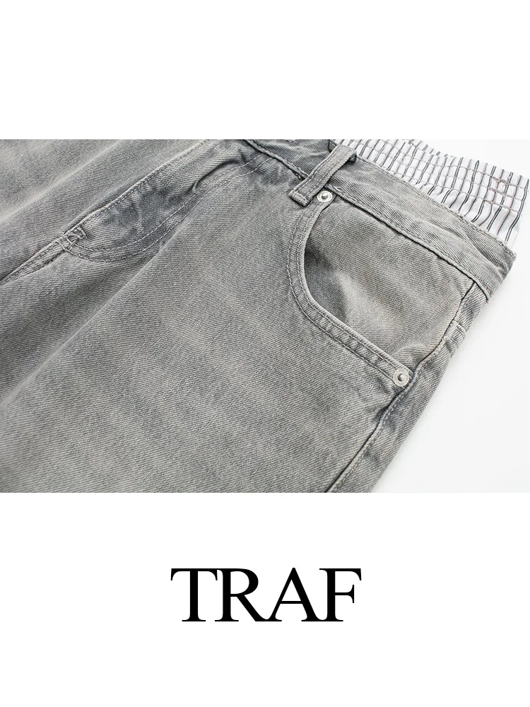 TRAF 2024 Women\'s Fashion Grey Patchwork Jeans Female Casual Baggy Wide Leg Denim Pants Woman Jeans Streetwear Basic Trousers