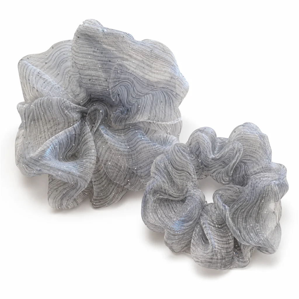 silver-gray-ripple-sparkle-organza-like-scrunchie-standard-small-size-handmade-hair-tie-for-women