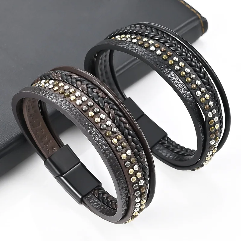 Masculine Cowhide Cord Braided Bracelet Fashionable Multi-layer Magnetic Clasp Bracelet Hip Hop Style Jewelry Accessory for Men