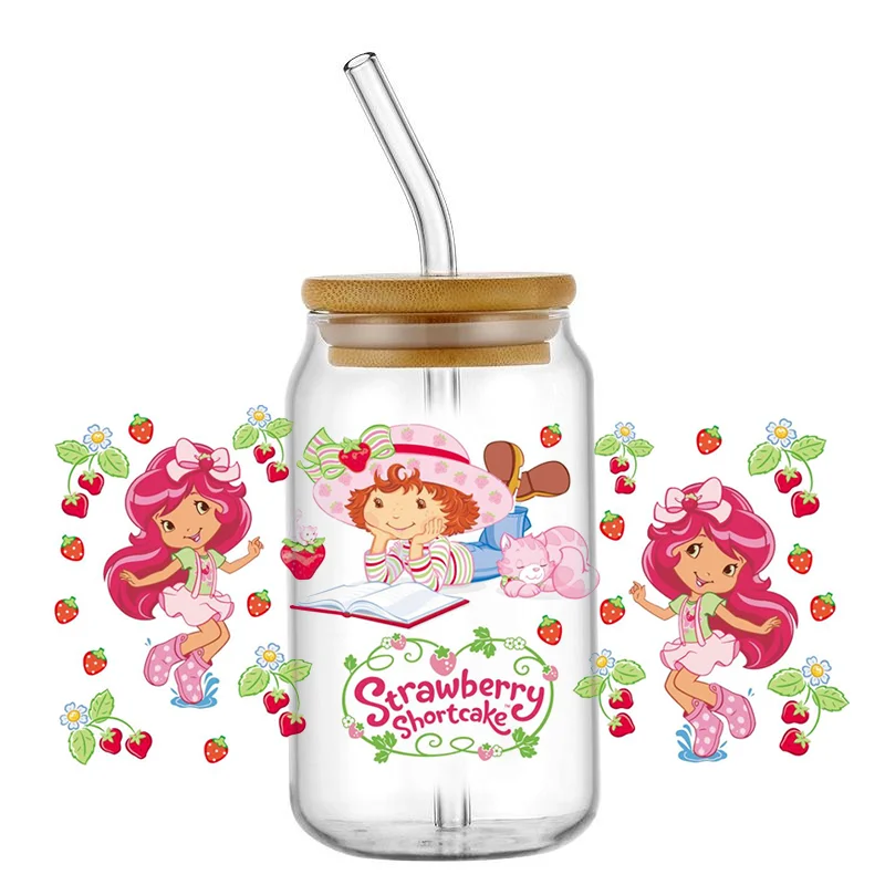 Miniso New Strawberry Girl 3D Cartoon UV DTF Cup Wrap For 16oz Libbey Coffee Glass Can Cup Wrap UV DTF DIY Sticker