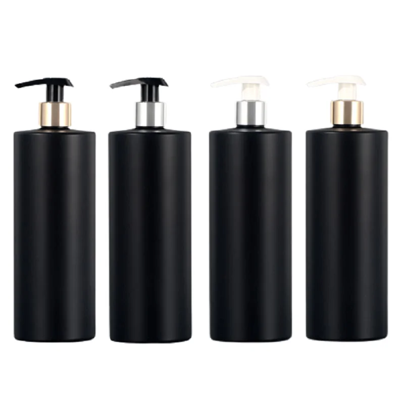 10Pcs Matte Black Plastic Bottle 300ml 500ml Flat Shoulder PET Black White Lotion Pump Gold Silver Collar Packaging Container