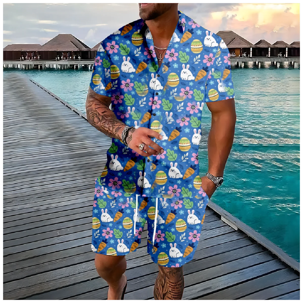 

3D Print Button Shirt Suit Pool Party Shorts Sleeve Shirt And Shorts Beach Casual Suit Short Sleeve 2 Piece Set Hawaiian Shirt
