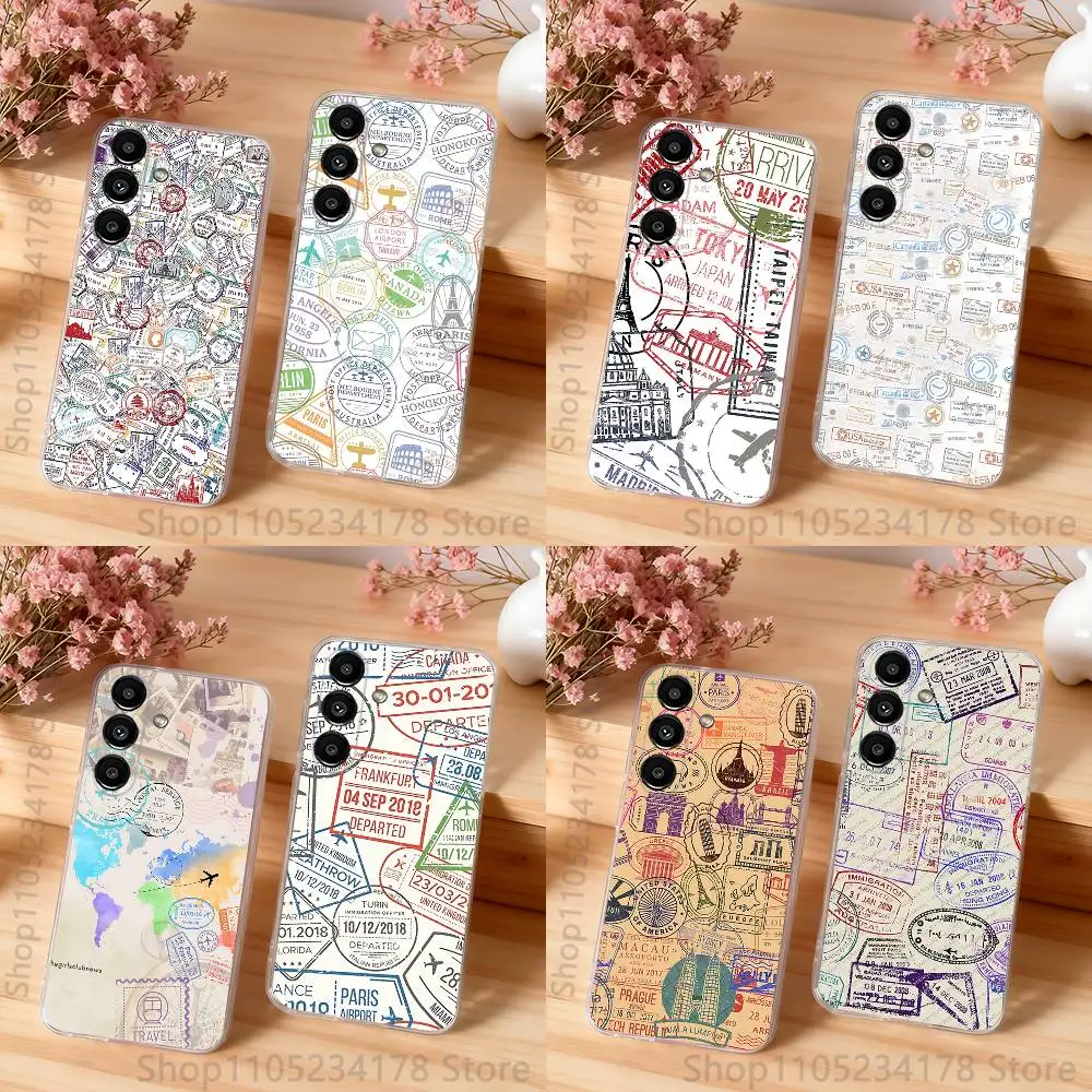

Travel Stamp Pattern Shockproof Clear Case For Samsung Galaxy S30,S25,S24,S23,S20,S21,S22,S10,5G,FE,lite,PIus Cover