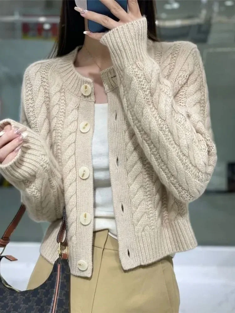 Korean Fall Knitwears Cardigan Short Silm Knit Coat Solid Color Long Sleeve Knitted Jacket Soft O-neck Woman Malhas Abrigos