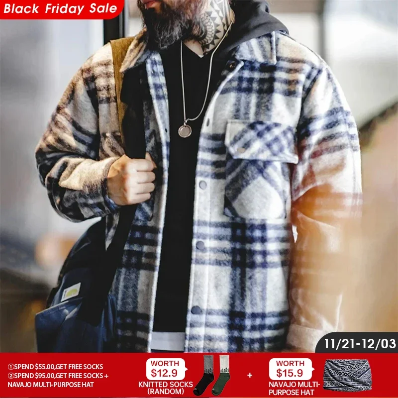 Maden Casual Checked Duffle Jacket for Men Loose IVY Style Plaid Pattern Tweed Jacket 2023 Autumn Winter Big Size Male Clothing