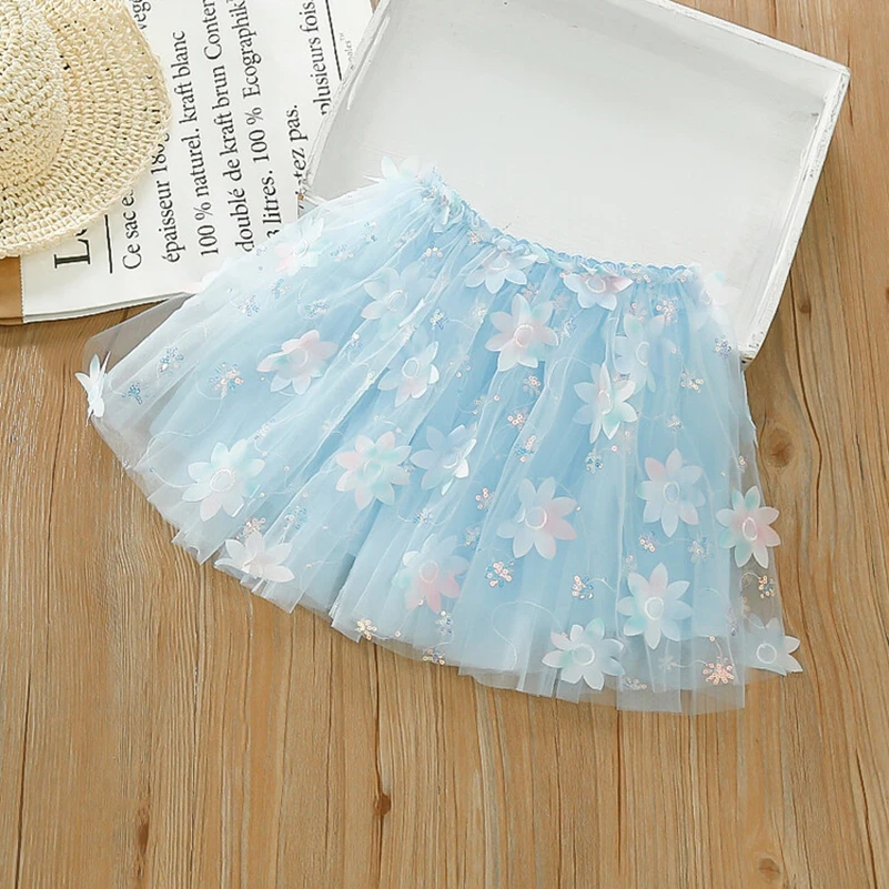 Girls' 2024 Summer New Solid Color Printed Colorful Petals' Half skirt