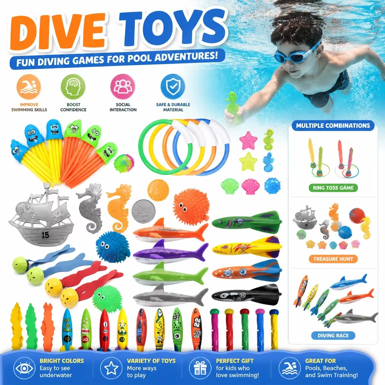Diving Toys Breath Closure Training Water Underwater Toy Set Children's Swimming Pool Treasure Hunt Water Ring Diamond Kids Toys