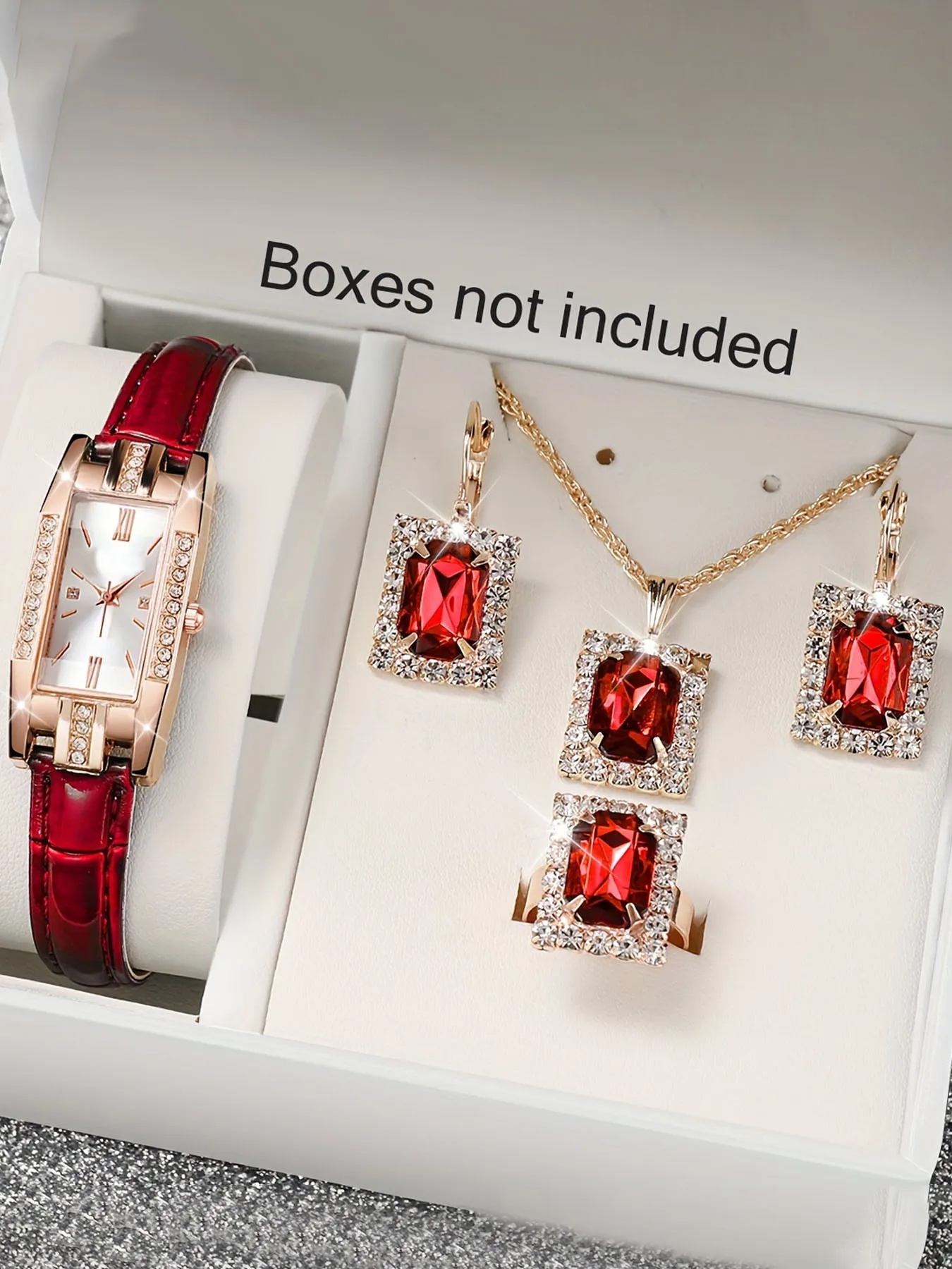 5Pcs/set Red Gold Feast - Ruby and Diamond Jewelry Watch Set