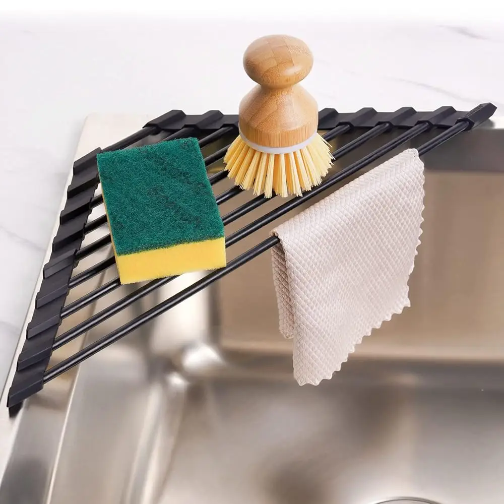 Small Triangle Roll-Up Dish Drying Ra With Silicone Coating Stainl Steel Frame For Sink Corners, Multipurpose Over-The-Sink